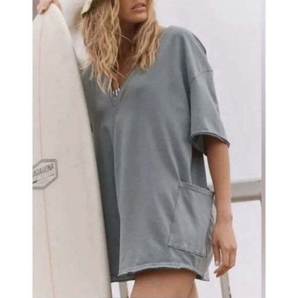 Free People Movement Hot Shot Tee Romper Summer Storm Blue Green Large NWT - Picture 2 of 2